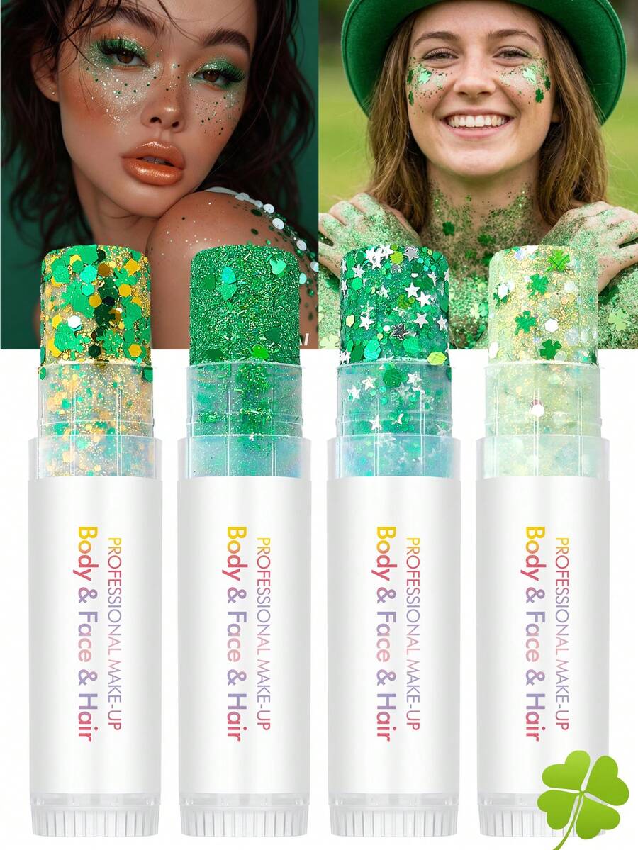 1支圣帕特里克节绿色闪光面部棒，3D亮片凝胶高光棒，带有三叶草和心形闪粉，适合女性/女孩节日庆祝、夜店妆容配饰 - 彩色 - 查看 1