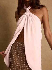 Women's Halter Tank Top Sleeveless Open Back Ruffle Slit Front Silk Satin Shirt Camisole For Party Cocktail - Pink - View 2