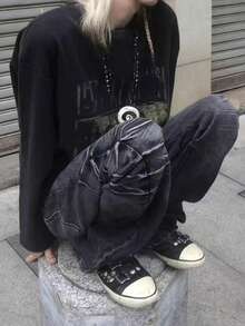 Vaqueros curvos unisex talla grande estilo americano vintage lavados patina 3D cintura alta broches s versátiles - Negro - Ver 3