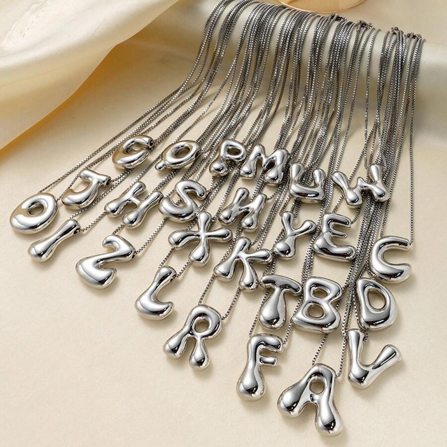 Cross-Border Titanium Steel White K  Glossy Balloon Bubble  Cute Q Version 26 English Letters Pendant Necklace - U鋼色 - 查看 1