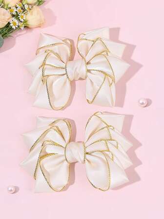 2个米色缎面蝴蝶结发夹，适合女孩，米色郁金香花瓣造型，优雅缎面蝴蝶结鳄鱼夹，光泽简约发夹，婚礼生日礼物，青少年发饰