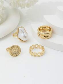 4Pcs/Set Vintage Faux Pearl Irregular Geometric Rings For Women Wedding Finger Jewelry Gifts ﻿ - Yellow Gold - View 4