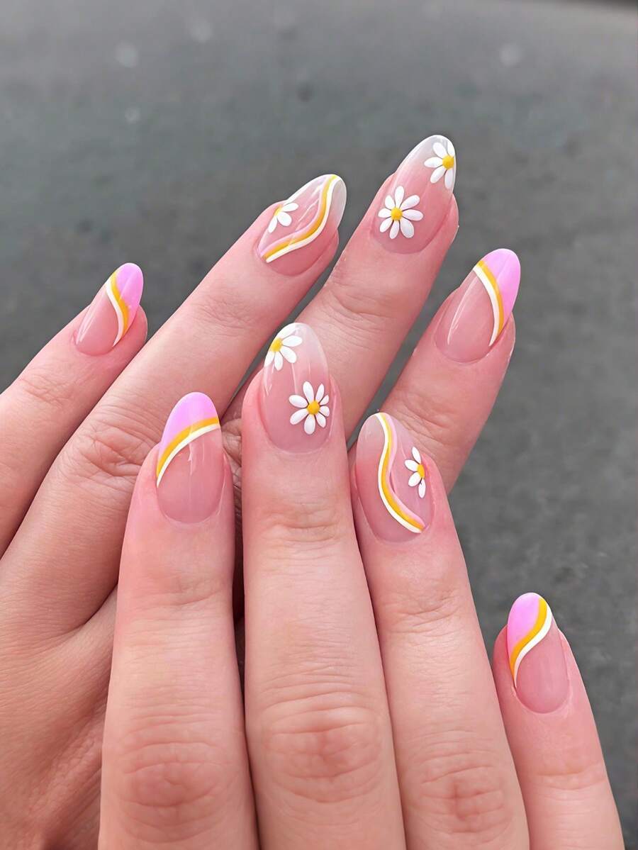 24片装短款椭圆形节日美甲贴片，简约条纹花朵裸色短款全覆盖亮面假指甲套装，包含：1片果冻胶和1个指甲锉，易于佩戴，日常美甲贴片，适合女性和女孩日常美甲用品。 - 彩色 - 查看 1