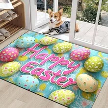 1pc 2D Flat Flannel Happy Easter Egg Pattern Anti-Slip Washable Polyester Door Mat – Vibrant Spring Decor For Porch, Kitchen, Hallway, Bedroom & Balcony, Lightweight & Durable Home Decoration