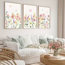 3-Piece Wild Flower Canvas Painting, Pink Floral Canvas Oil Painting, Nordic Plant Art Poster, Minimalist Plant Wall Art, Suitable For Girl's Bedroom, Living Room, Office, Apartment Wall Decor, With Frame