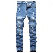 Traje callejero a la moda Agujeros distorsionados morados Jeans de pierna recta para hombre Estrecha ajustada estrecha Comodidad Pantalones de mezclilla extensibles para hombre Pantalones informales de moda Cintura elástica Jeans lavados duraderos Jeans rasgados con estilo para hombre - Neblina azul - Ver 5