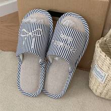 XIXITIAO 1 Pair Sweet Vertical Stripe Letter & Bow Pattern Comfortable Soft Bottom Flat Slippers, Suitable For Home, Bedroom, Indoor Wear, All Season - Grey - View 9