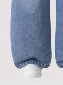 女童宽松喇叭牛仔裤，饰有樱桃刺绣，适合青少年女孩的休闲裤，春秋季款 - 淺色水洗藍 - 查看 6