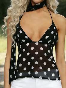 Women Tank Tops Halter Neck Sleeveless Dot Print Summer Backless Crop Vest With Scarf Set - Black - View 2