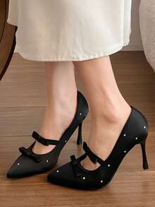 Fashionable Sexy Red Pearl Single Buckle Mary Jane Shoes, Pointed Toe Thin High Heel Bow Tie Women Shoes - Black - View 6