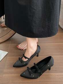 Fashionable Sexy Red Pearl Single Buckle Mary Jane Shoes, Pointed Toe Thin High Heel Bow Tie Women Shoes - Black - View 8