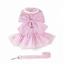 Dog Dress Plaid With Bowknot Cute Dress For Small Dog Cat Puppy Outfits With Harness Leash( Pink,X-Small ),X-Small,Pink - 粉色 - 查看 1