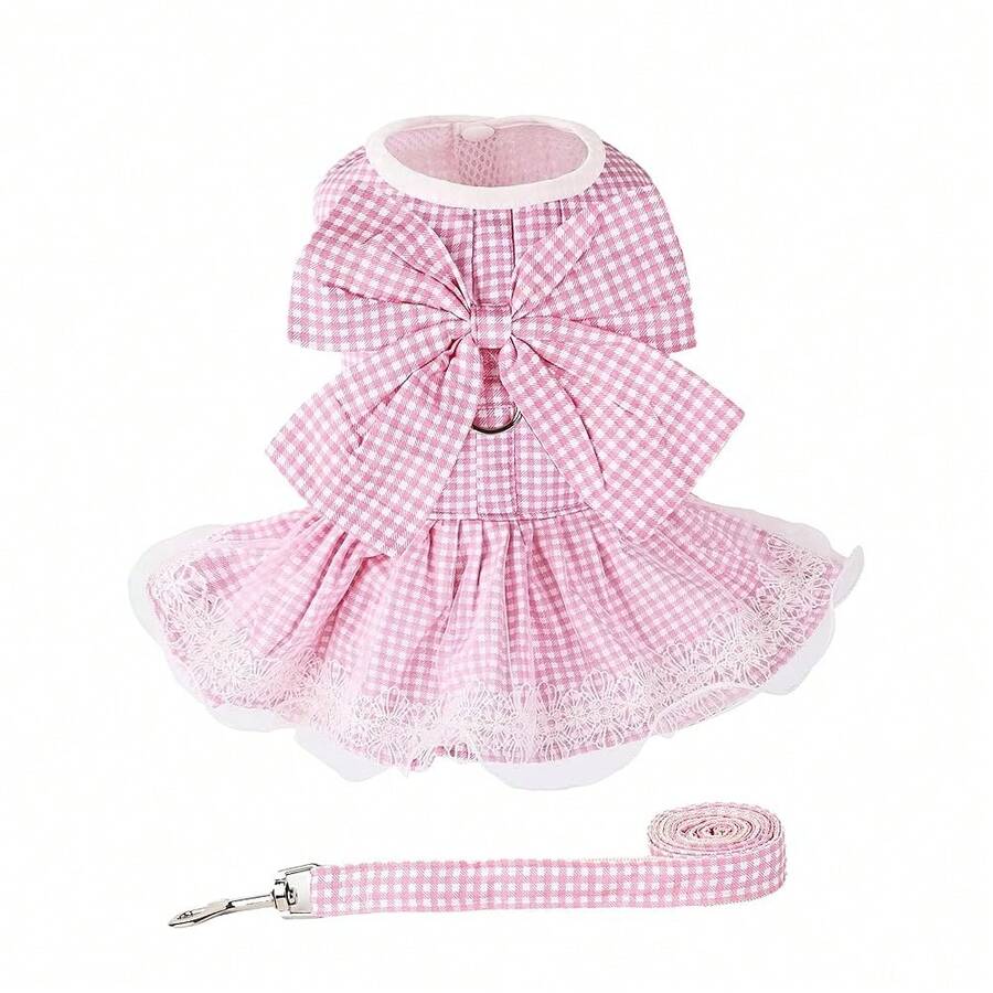 Dog Dress Plaid With Bowknot Cute Dress For Small Dog Cat Puppy Outfits With Harness Leash( Pink,X-Small ),X-Small,Pink - 粉色 - 查看 1