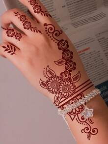 1 pieza Tatuaje de henna, exclusivo para mujeres, pegatina de tatuaje temporal de un solo uso para manos y Body, pegatina de henna realista resistente al agua - Burdeos - Ver 3