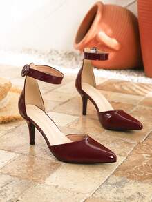 Tacones altos de color borgoña para mujer, zapatos de tacón ancho, adecuados para primavera/verano, fiestas, reuniones, exteriores, zapatos con tira delgada y sexy, calados para ir al trabajo - Burdeos - Ver 7