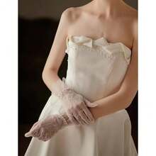 Short Lace Mesh Gloves Tulle Border With Pearls Wedding Opera Tea Party Gloves For Women Formal,OneSize,Ivory - Ivory - 查看 5