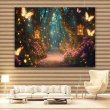 Magical Butterfly Path Fairy Forest Wall Tapestry - Enchanting Glowing Lanterns & Vibrant Flowers, Polyester Fabric, Perfect For Living Room, Bedroom, Or Party Decor, 59x39in / 51.18x59in / 90.5x70.8in, Living Room Enhancement| Magical Ambiance| Durable Wall Hanging, Butterfly Decorations - 如圖所示 - 查看 7