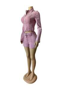 Denim Two-Piece Long-Sleeve Zip-Up Belted Bodycon Shorts Set Spring Summer Valentine's Day Outfit Trajes Elegantes De Mujer Spring Break Outfits Pink Outfit Women - 粉色 - 查看 2