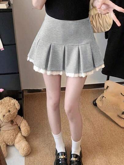 蕾丝拼接百褶迷你裙，运动时尚高腰A字裙（女款）