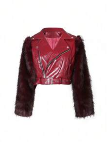 Women's Fashion Faux Fur Crocodile Print Jacket Collar Design Waist Belt Detail Zipper Closure - Red G0772 - View 6