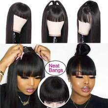 Peruca de Cabelo Virgem Brasileiro com Franja, Densidade de 180%, Cor Natural, Sem Renda na Frente, Adequada para Mulheres - Natural Black - Visão 10