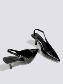 女士黑色时尚高跟鞋，7厘米猫跟露趾派对高跟鞋，婚鞋，玛丽珍鞋，正式礼服鞋，无后跟系带尖头高跟鞋 - 黑色 - 查看 4