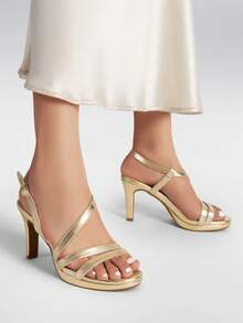 Women Elegant Multiple Strap High Heeled Sandals Open Toe Comfortable Dressy Shoes With Adjustable Ankle Strap For Wedding Party Prom - 金色 - 查看 2