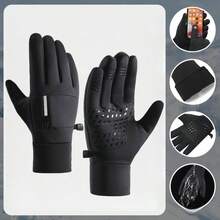 1 Pair Winter Warm Gloves With Storage Pocket, Unisex Outdoor Sports Windproof Anti-Cold Touchscreen Fleece Gloves For Sports, Cycling, Skiing, Hiking, Motorcycle - 黑色 - 查看 1