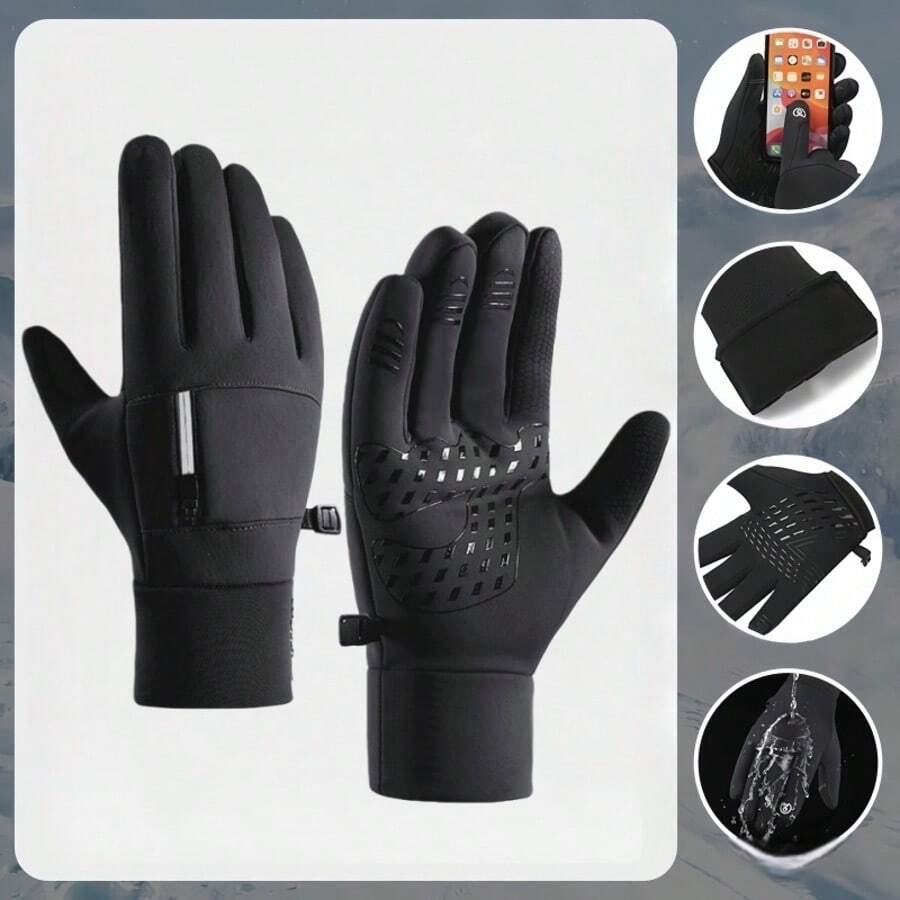 1 Pair Winter Warm Gloves With Storage Pocket, Unisex Outdoor Sports Windproof Anti-Cold Touchscreen Fleece Gloves For Sports, Cycling, Skiing, Hiking, Motorcycle - 黑色 - 查看 1