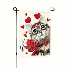 1pc Valentine's Day Cat Garden Flag. Cute Cat With Heart Design, Conveying Love. Made Of Polyester, Available In Multiple Sizes, Machine Washable, Durable, Suitable For Outdoor Use. Perfect For Everyday Decorations, Valentine's Day, Mother's Day, Independence Day, Halloween, Thanksgiving, And Christmas. Suitable For Various Room Types And Locations (Flagpole Not Included). - 30x45 cm / 12x18 in - Xem 2