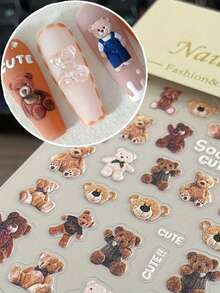 4pcs Cartoon Cute Cat Nail Art Stickers, 3D Graffiti Dog Rabbit Heart Star Nail Stickers, Kawaii Flower Bowknot Nail Art Decals - Multicolor - View 2