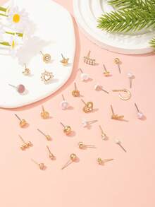 30 szt./zestaw uroczych, minimalistycznych kolczyków z kwiatami, sercem, gwiazdą, metalowymi sztucznymi perłami i kryształkami, prezent świąteczny dla kobiet, odpowiedni do noszenia na co dzień i na randkę - Wielokolorowe - Zobacz 4