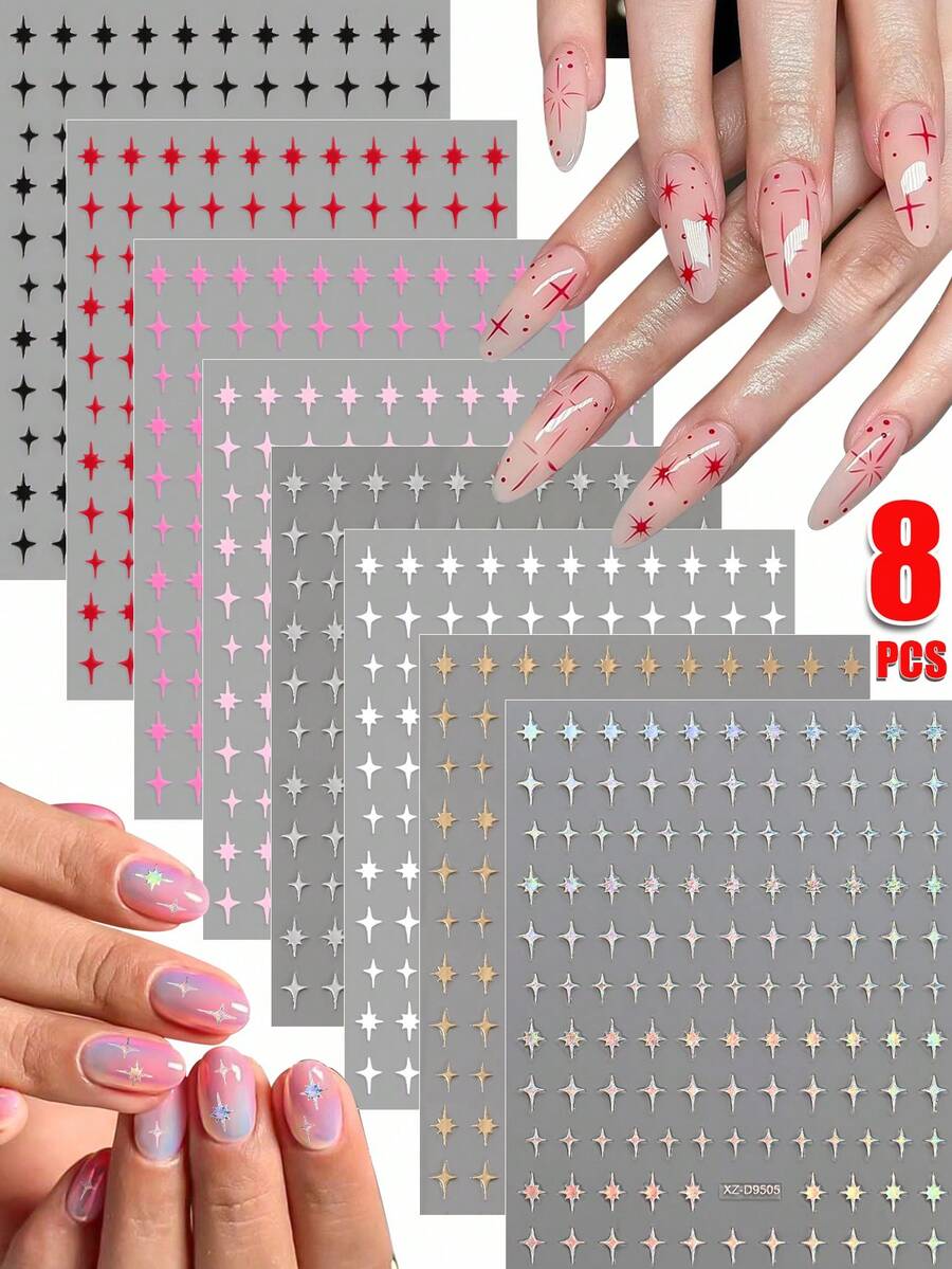8 miếng dán móng tay hình ngôi sao vàng và bạc kim loại, 8 kích cỡ khác nhau, hình ngôi sao 3D tự dính, thích hợp cho trang trí móng tay nữ (Vàng, Bạc, Trắng, Đen, Hồng, Đỏ, Đỏ, Bạc Laser) Dụng cụ làm móng