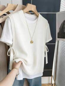 女士休闲优雅侧边打结圆领针织上衣纯色背心套头衫无袖毛衣休闲简约风街头服饰上学居家度假外出穿搭白色女式上衣 - 白色 - 查看 7