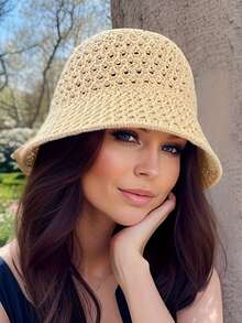 Sombrero de sol calado de primavera y verano, sombrero de cubo estilo bohemio y gorra de punto de ala ancha transpirable. Protección UV, moda multifuncional, puede hacer que tu rostro se vea talla grande pequeño. - Multicolor - Ver 9