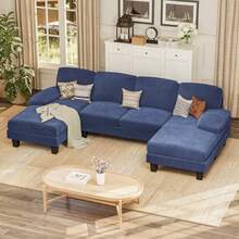 Sectional Couches For Living Room U-Shaped Sofa Couch With Linen Fabric 4 Seat Sofa Set With Double Chaise For Apartment Loop Yarn Navy Blue - Navy Blue - View 7