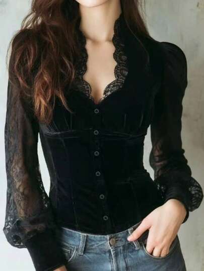 Damen Spitzenbluse, elegante, figurbetonte Strickjacken-Bluse, geeignet für den Alltag, den Arbeitsweg, Dates, Urlaubsoutfits, Frühling & Herbst