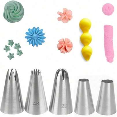 5Pcs Multistyle Piping Nozzle Set, Baking Cake Cream Piping Tool, Stainless Steel Piping Nozzle Combination