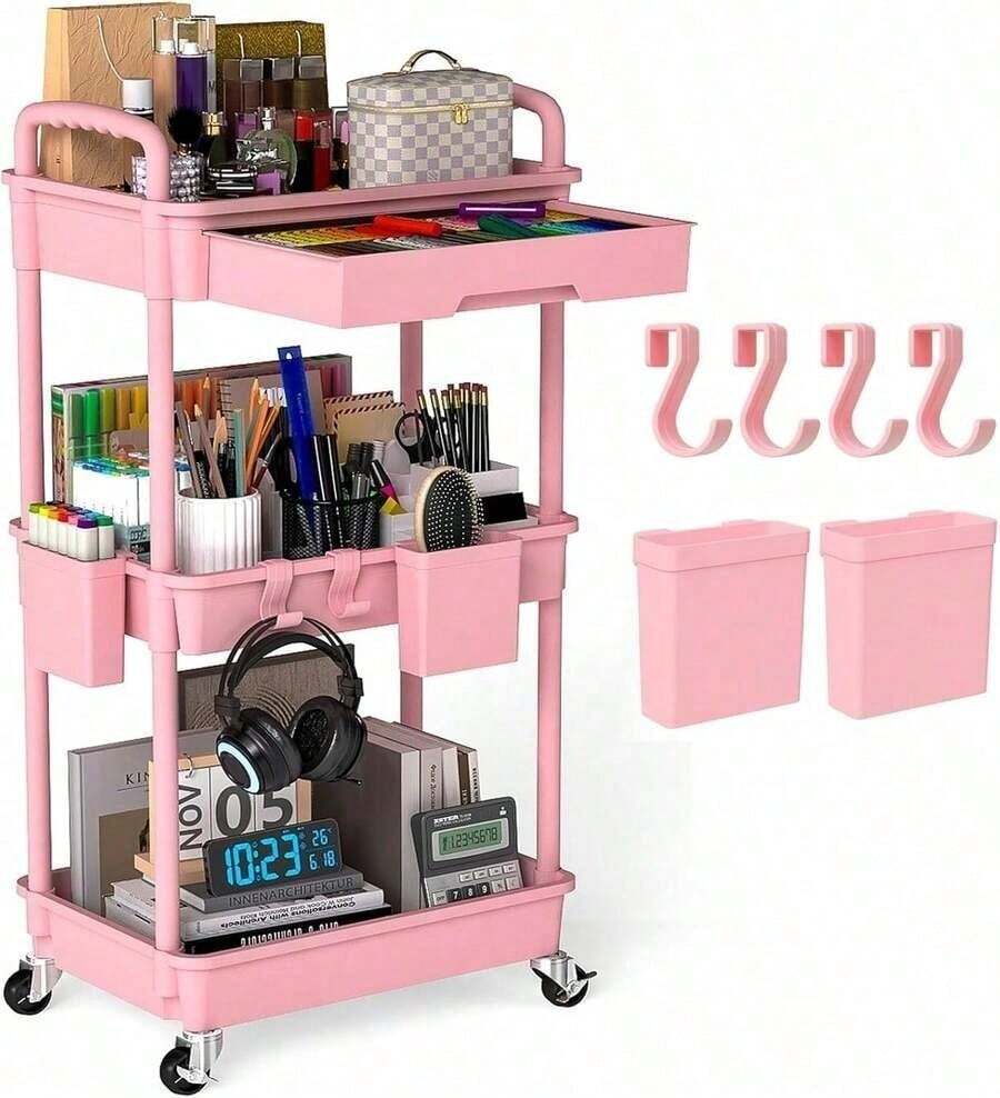 3 Tier Rolling Storage Cart With Drawers Rolling Utility Cart With Drawers,Room Decor,Bathroom Decor,Rolling Utility Cart Rolling Storage Organizer Tool For Kitchen,Bathroom,Living Room,Office Outdoor Decor - 彩色 - 查看 1