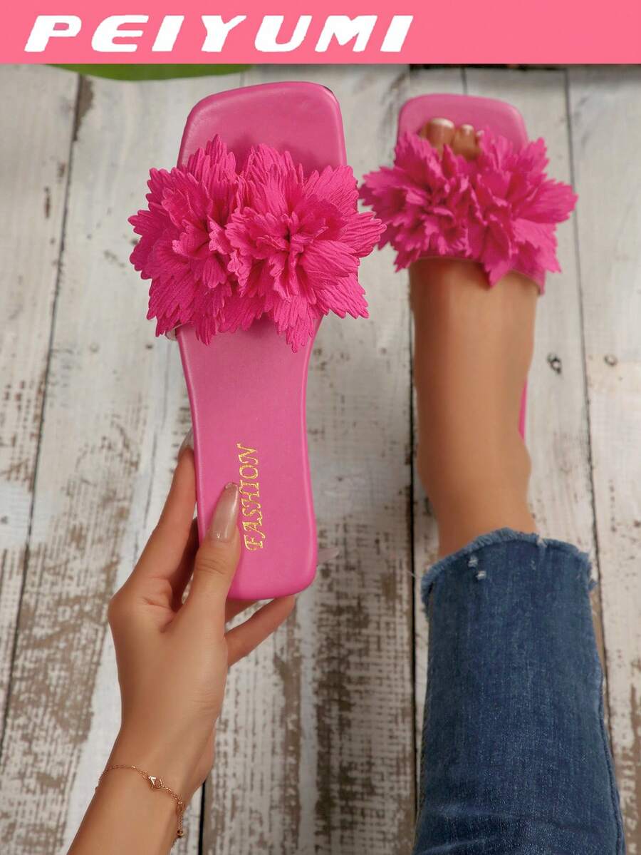 PEIYUMI 夏季独特花卉装饰平底凉鞋，时尚防滑女士凉鞋，沙滩休闲派对人字拖，有白色、黑色、红色、绿色、紫红色、粉色、杏色可选