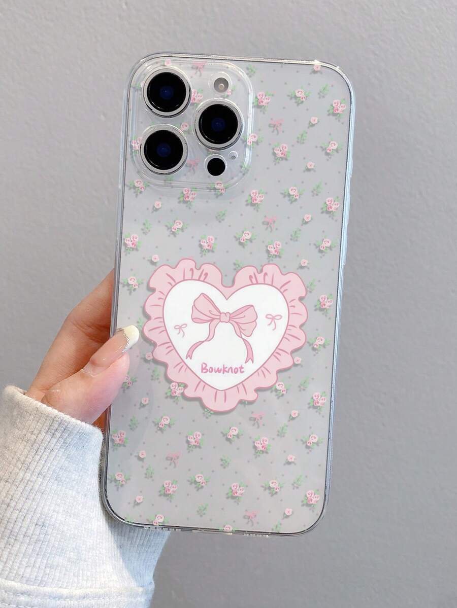 1pc Heart, Bow & Flower Pattern Transparent Soft TPU Protective Phone Case, Anti-Scratch, Anti-Fingerprint, Precise Camera Cutout, Compatible With Samsung, Apple, Nothing, Pixel, INFINIX, Redmi - Clear - View 1