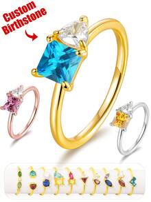 18K Gold Plated Personalized Birthstone Ring, Stackable Cubic Zirconia Birthstone Ring, Suitable Gift For Mother, Wife, Grandmother, Daughter, Christmas, Mother's Day, Valentine's Day, Birthday, Anniversary, Graduation, Family, Friends
