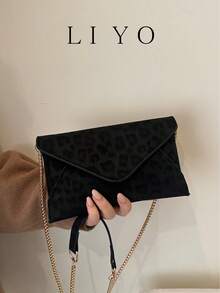 女士翻盖包，简约豹纹小方包，链条单肩斜挎包 - 黑色 - 查看 2
