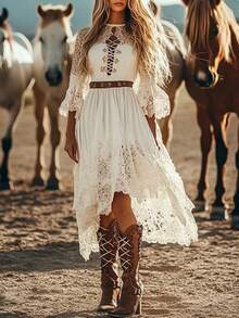 Women's Bohemian Maxi Dress Classic Western Retro Style Hollow Lace Maxi Skirt Irregular Lace Splicing Hem Women's Long Dresses - 白色 - 查看 3