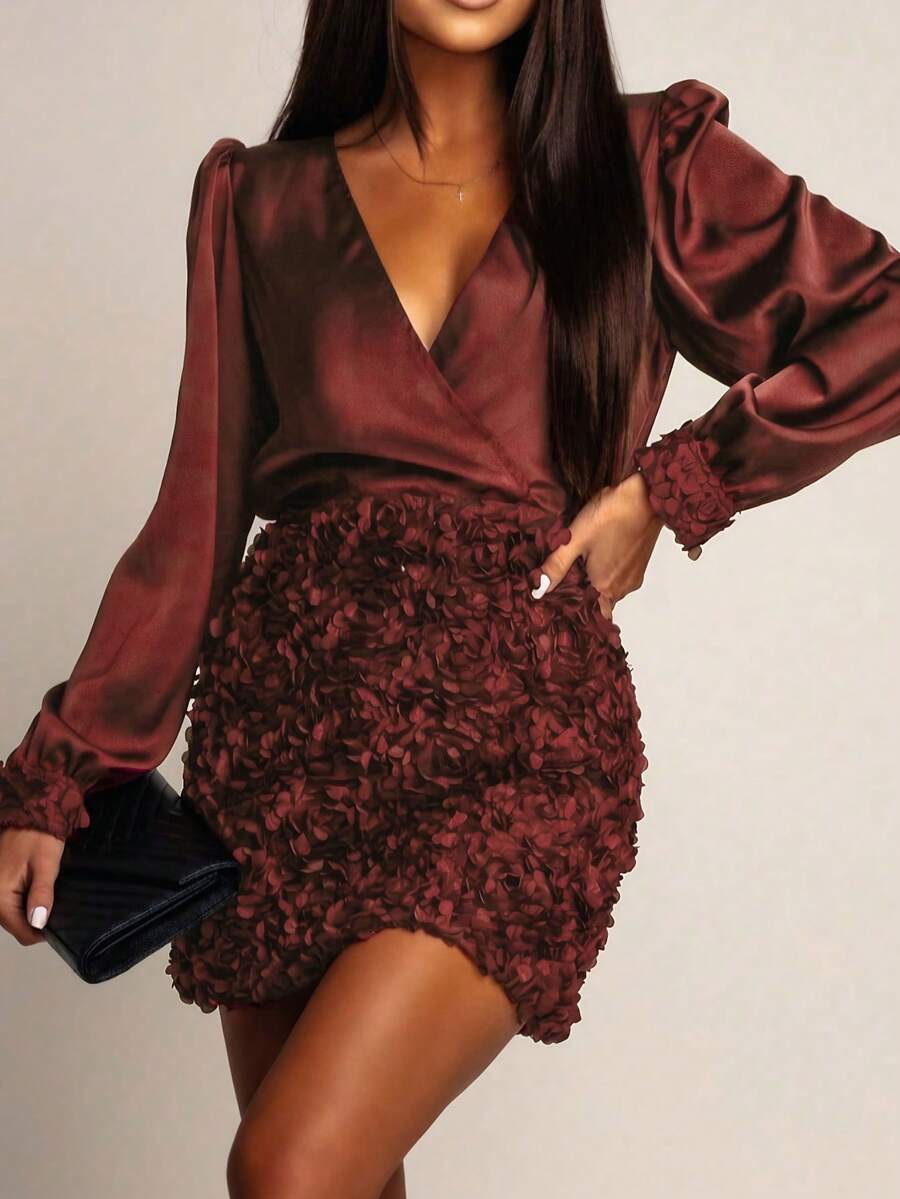 Women's Satin Wrap Blouse In Burgundy, Deep V-Neck Puff Sleeve Top, Suitable For New Year, Valentine's Day, And Dates