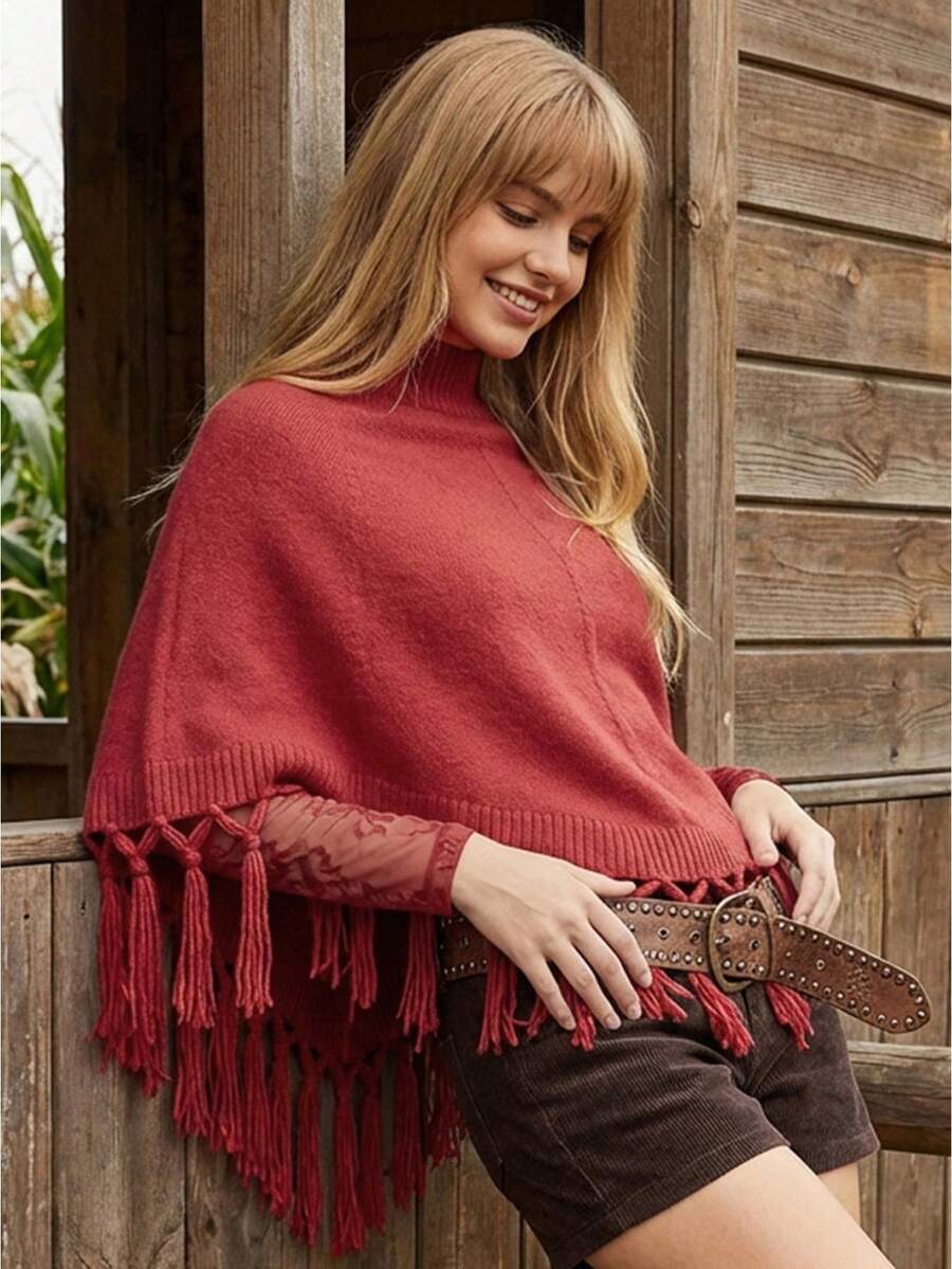 Womens Sweater Ponchos High Neck Loose Fit Solid Color Winter Tassel Capes And Shawls - Burgundy - View 1