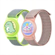 2 Pack Pulseras para AirTag, Fundas Protectora con Pulsera de Nailon Trenzado y Diseos Encantadores de Dibujos Animados, para nios pequeos nias y Ancianos Arco Iris+ Coche - dinosaurio + corona - Ver 2