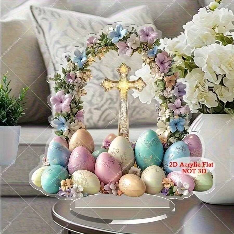 2D Flat Boho Style Easter Decor, With Cross, Floral, Egg Wreath & Pastel Tones - Spring Indoor Tabletop Centerpiece, Birthday & Holiday Home Decoration, Handmade Pastel Themed Item, No Electricity Required - Multicolor - View 1