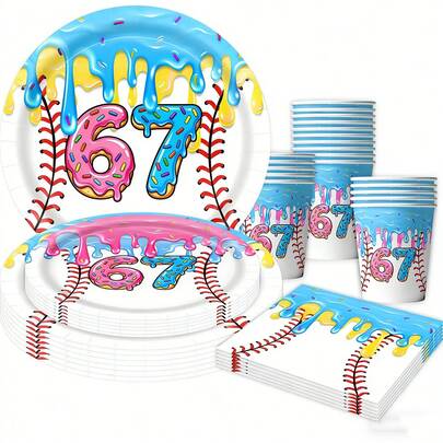 50pcs Baseball Doughnuts Ice Cream 67 Themed Plates Cups And Napkins Party Supplies, Baseball Themed Birthday Party Decorations 7 Inch Dessert Plates Disposable Paper Cutlery Set Party Gifts, Birthday Parties, Sports Parties, Spring Events, Holiday Party Supplies