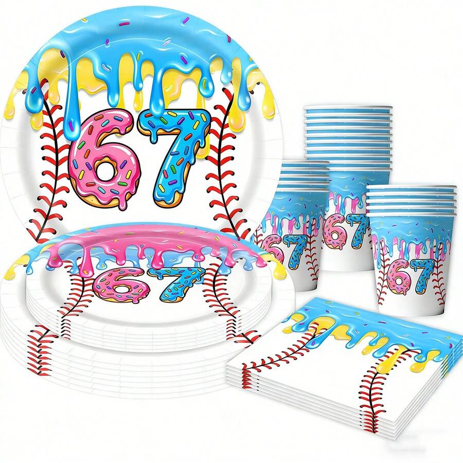 50 Peças Placas, Copos e Guardanapos Temáticos de Beisebol, Sorvete e Rosquinhas, Suprimentos para Festa, Decorações de Festa de Aniversário Temática de Beisebol, Pratos de Sobremesa Descartáveis de 7 Polegadas, Conjunto de Talheres de Papel, Presentes para Festas, Festas de Aniversário, Festas Esportivas, Eventos de Primavera, Suprimentos para Festas de Feriados - Multicolorido - Visão 1
